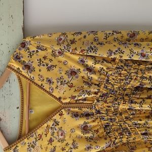 MAX STUDIO I V-Neck Long Sleeve Smocked Yellow Floral Flutter Mini Dress, S